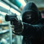 A man wearing a mask is holding a gun directed towards the camera. The individual's face is concealed, highlighting themes of robbery, crime, and violence.