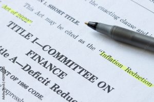 Closeup of the documents of the Inflation Reduction Act of 2022. The Unites States Senate passed the Inflation Reduction Act, the climate, tax and healthcare legislation, on Sunday, August 7, 2022.